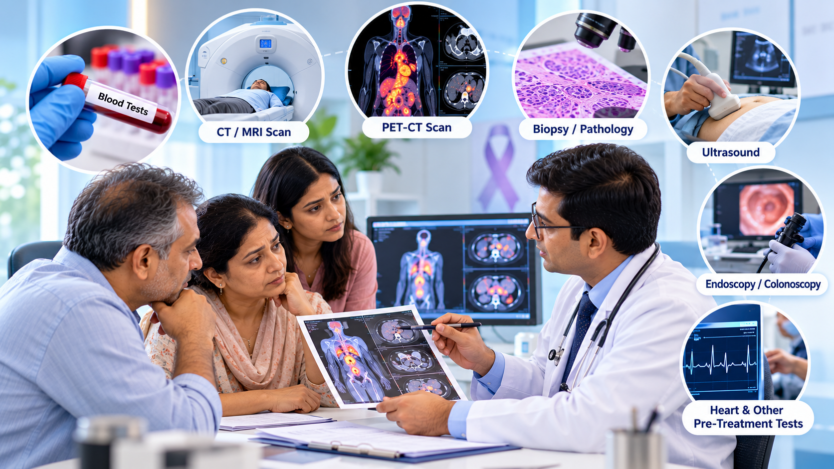 Tests after cancer diagnosis – oncologist reviewing cancer treatment reports with patient