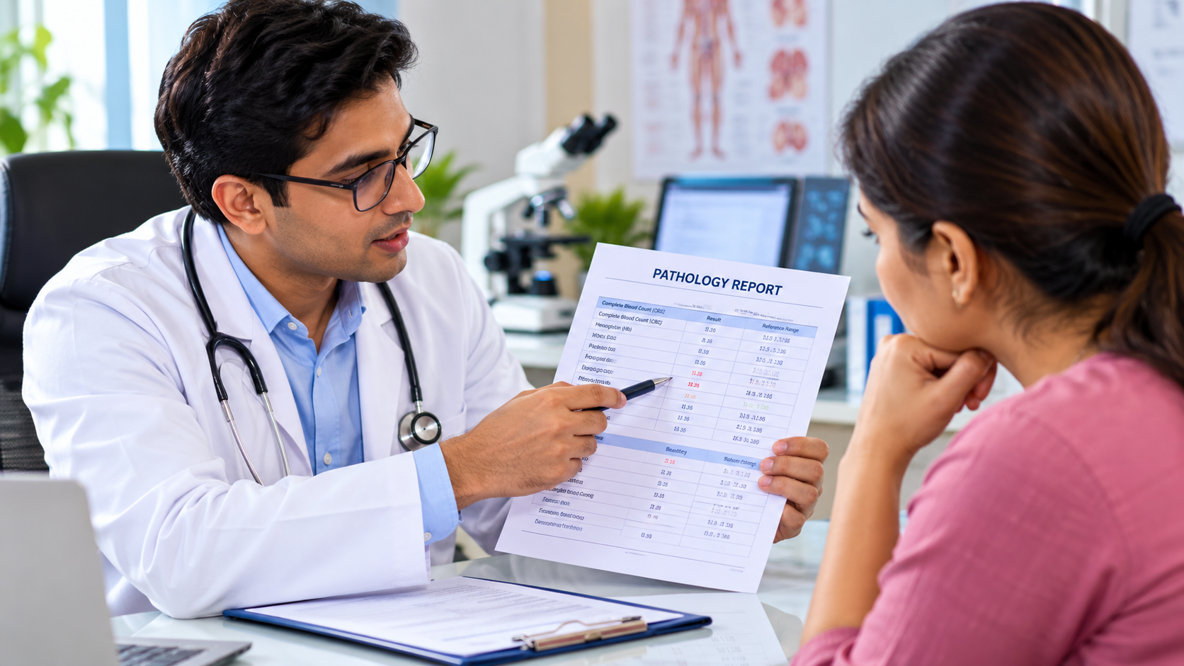 Biopsy report mein cancer aa gaya – doctor explaining pathology report to cancer patient