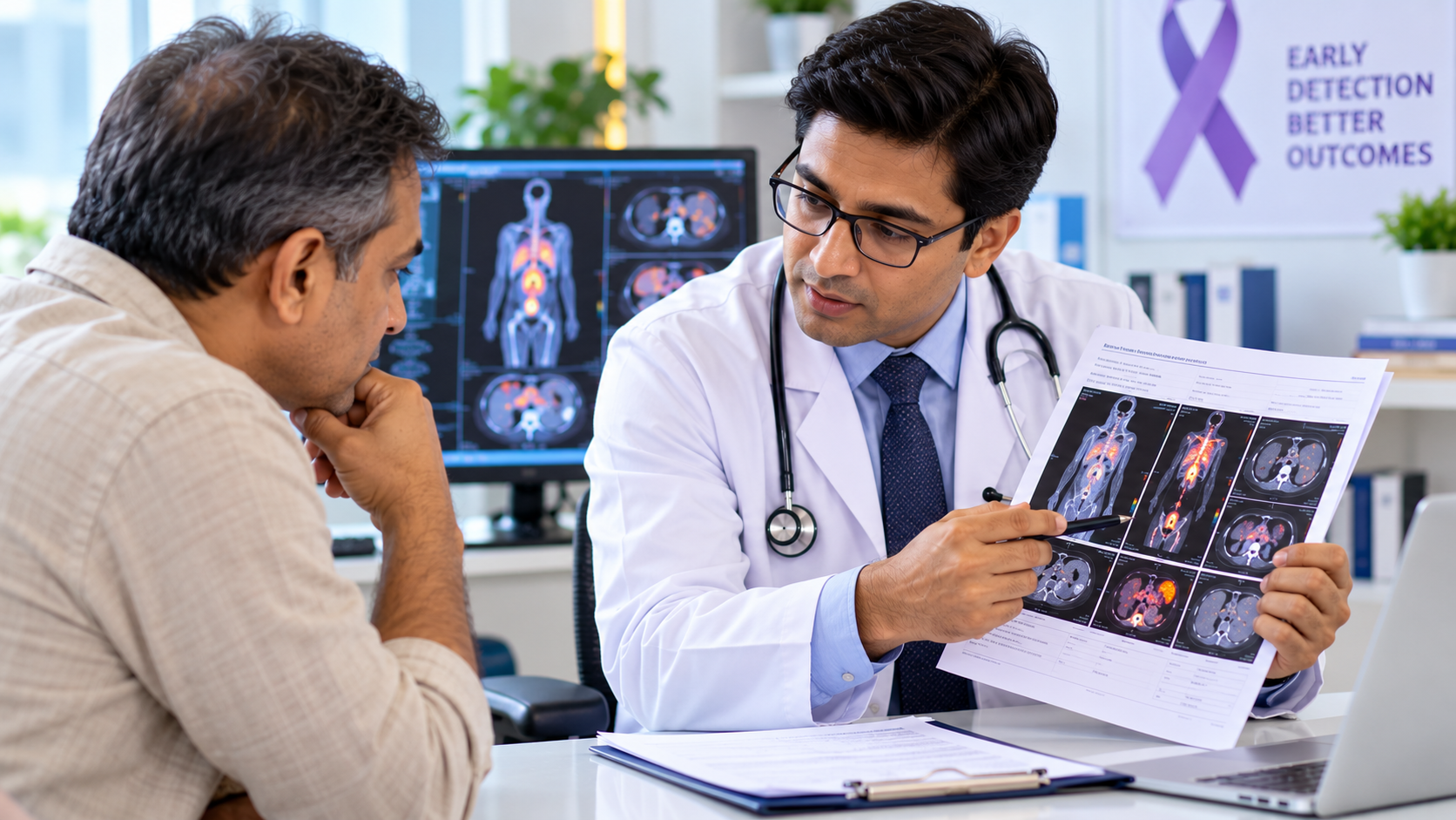 Tests after cancer diagnosis – oncologist reviewing cancer treatment reports with patient