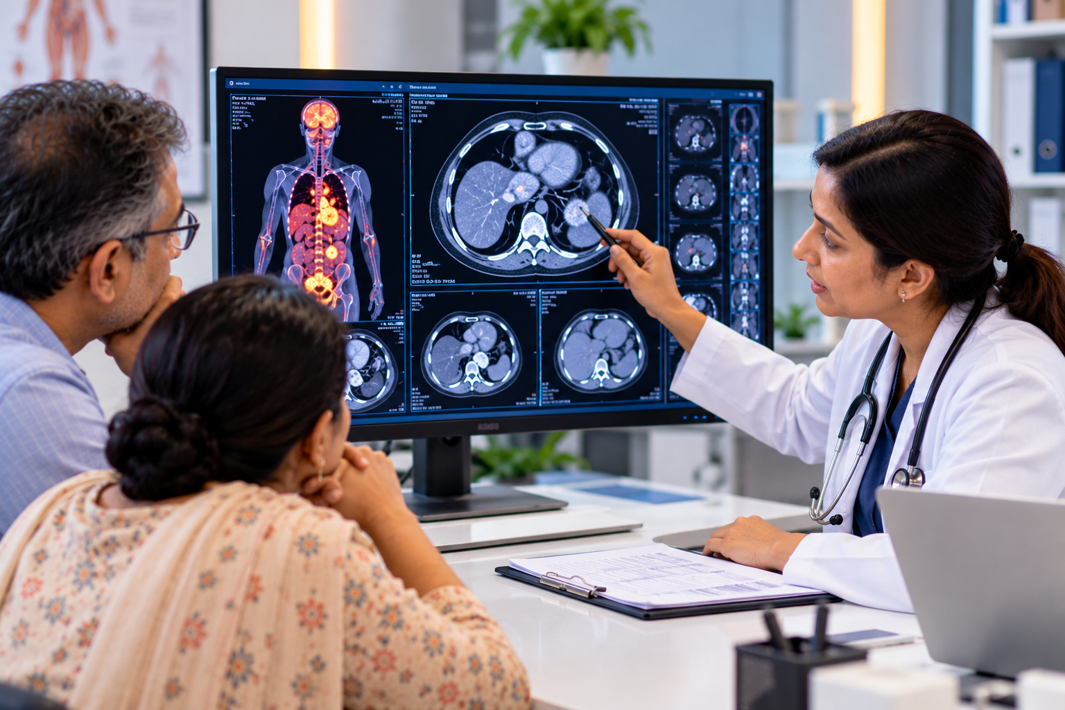 Biopsy ke baad cancer ka stage kaise pata chalta hai – oncologist reviewing cancer scans