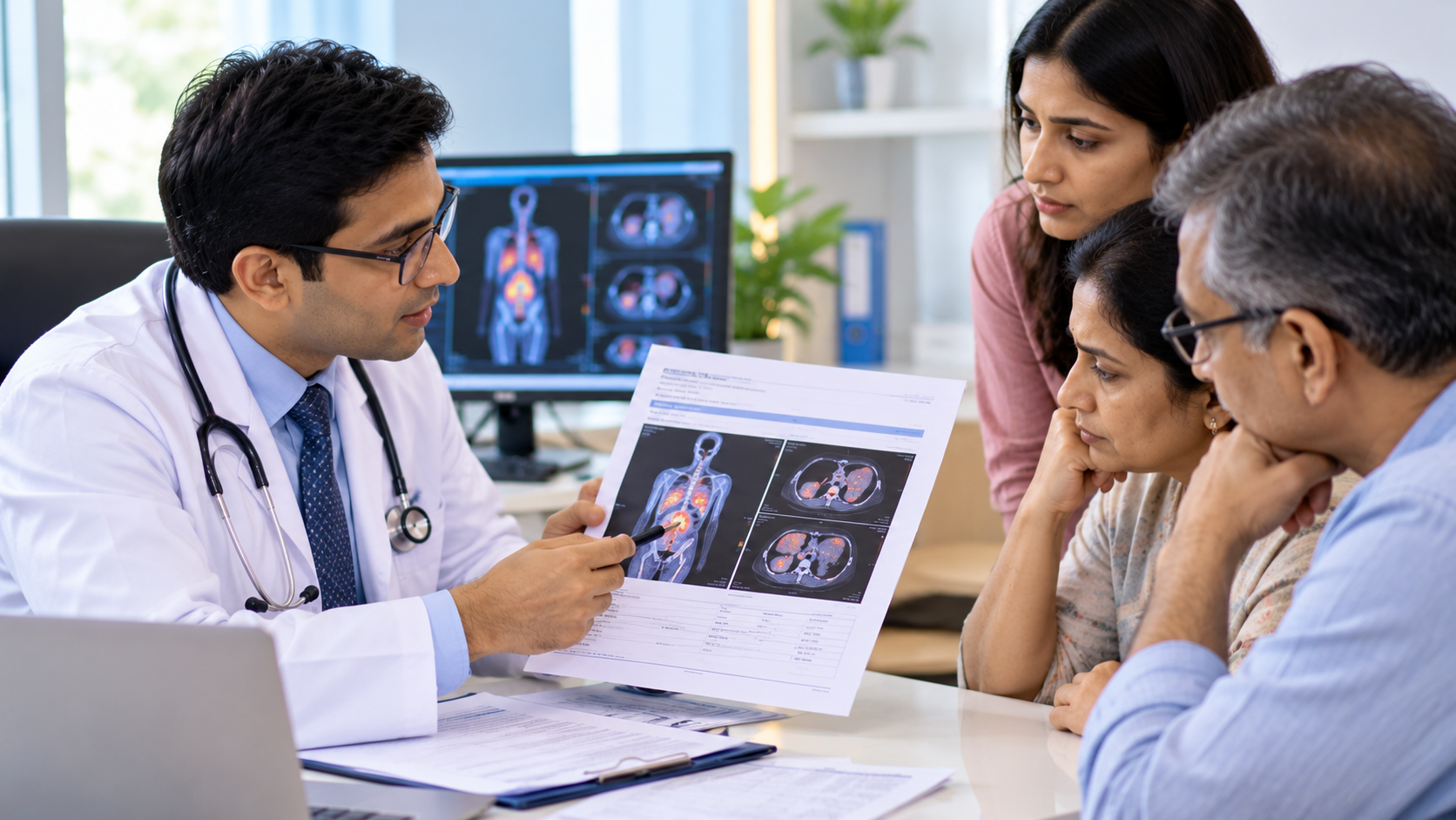 Cancer patient discussing biopsy report and treatment options with oncologist