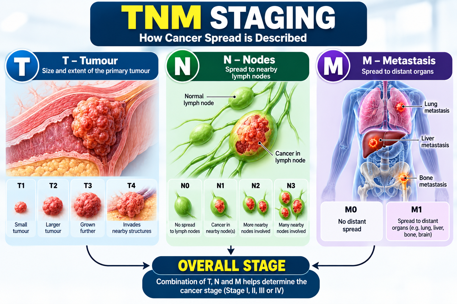 Cancer TNM staging system showing tumour lymph nodes and metastasis